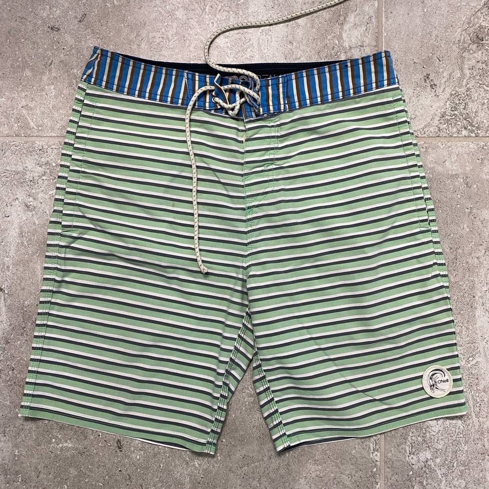 O’Neill Retrofreak Board Short in Green Stripe Pattern- Size 29 waist
